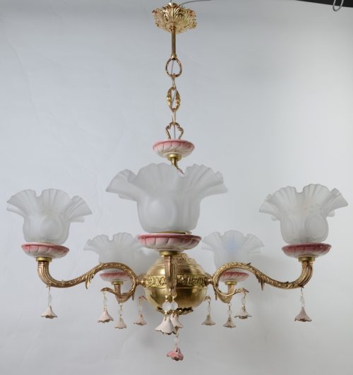 Lampa 5 ramienna mosiądz porcelana Hiszp. 1063