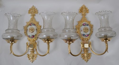 Komplet 2 x złoty kinkiet porcelana klosz Hiszp. 491